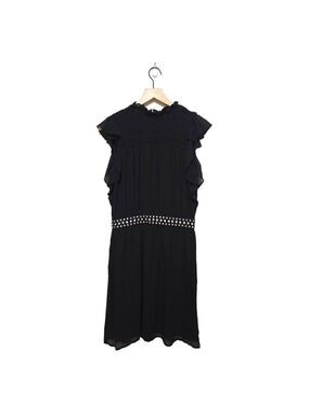 Michael Kors Black Studded Smocked Ruffle Neck Mini Dress Sz S